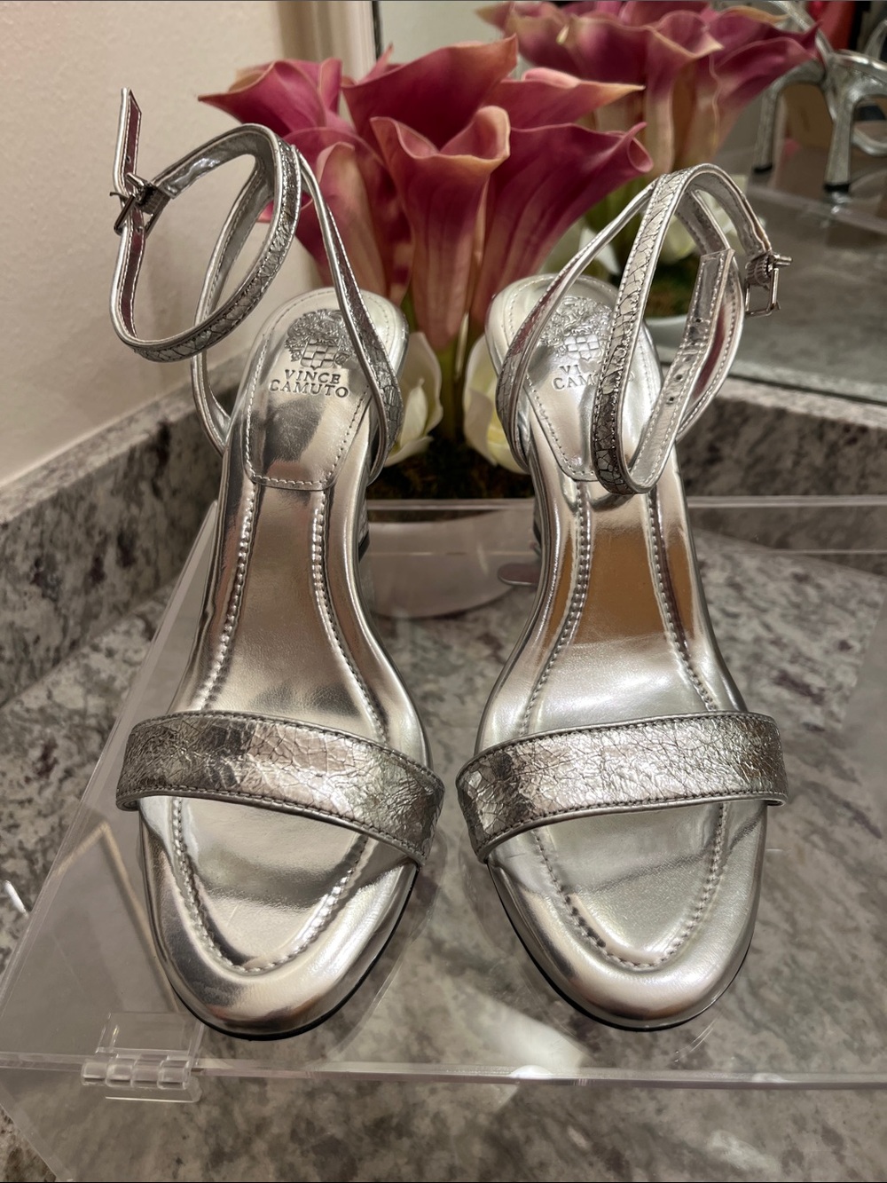 Vince Camuto Metallic Silver Ankle-Strap Heels